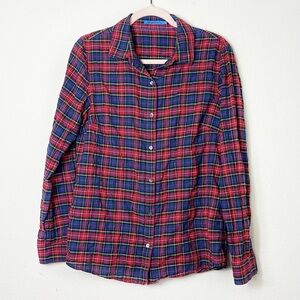 J. McLaughlin Crinkle Button Down Long Sleeve Shirt Size M Plaid Red Blue